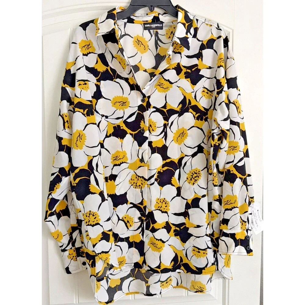 Karl Lagerfeld Paris Women's Floral Button Front Blouse White Black Yellow XL - Picture 2 of 11